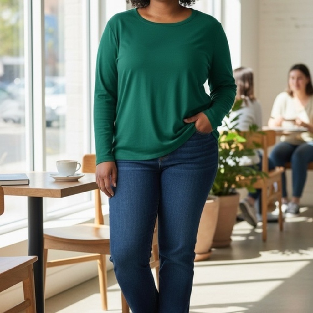 Lands End Jersey Dark Green Top 100% Cotton